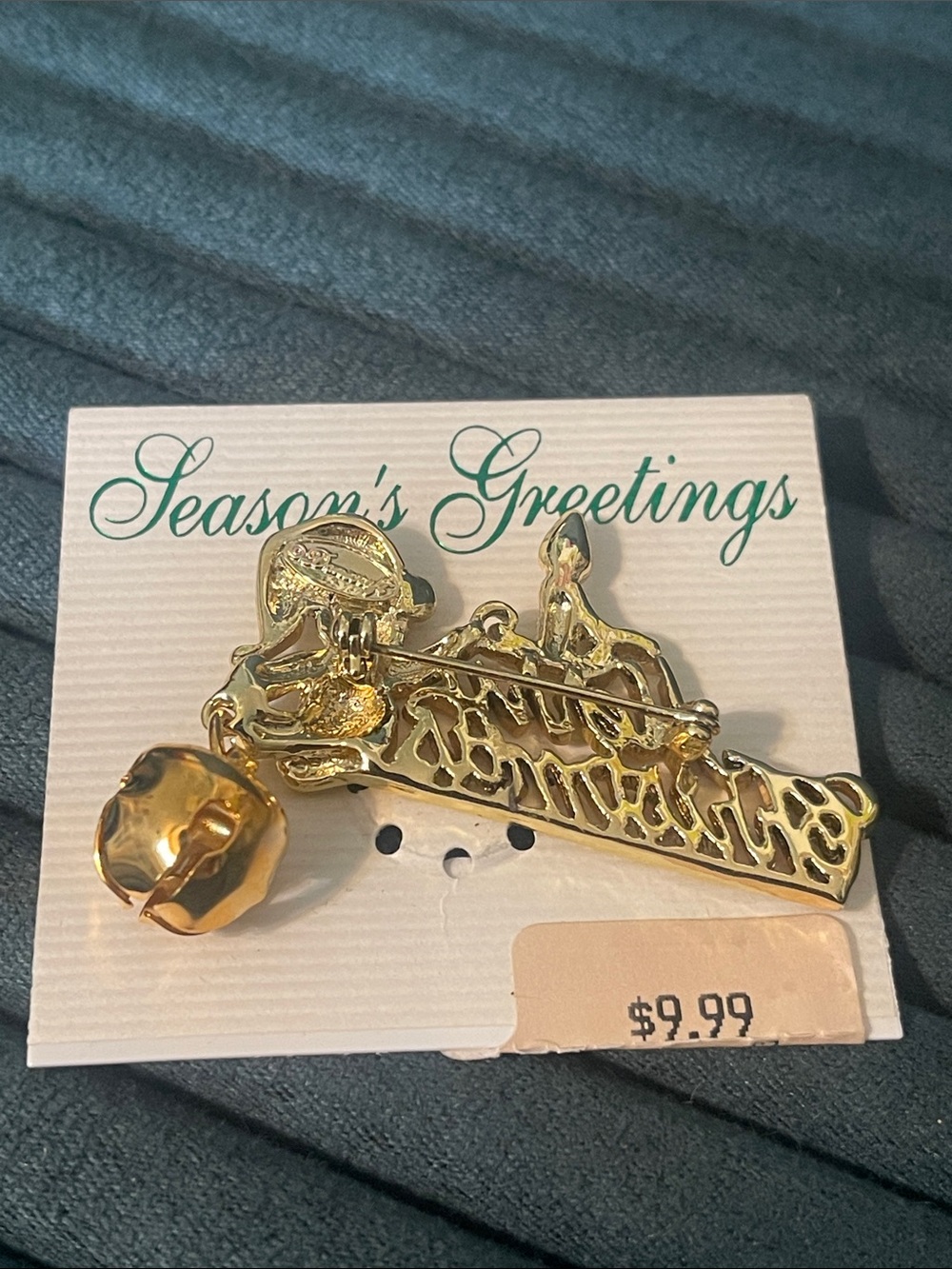 Vintage Danecraft “Merry Christmas” Gold-Tone Rhinestone Teddy Bear Bell Brooch - Picture 5 of 6